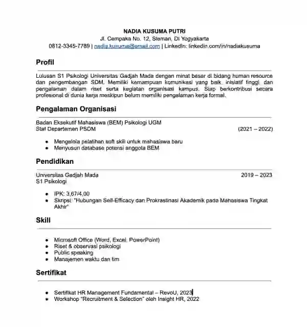 cv fresh graduate tanpa pengalaman