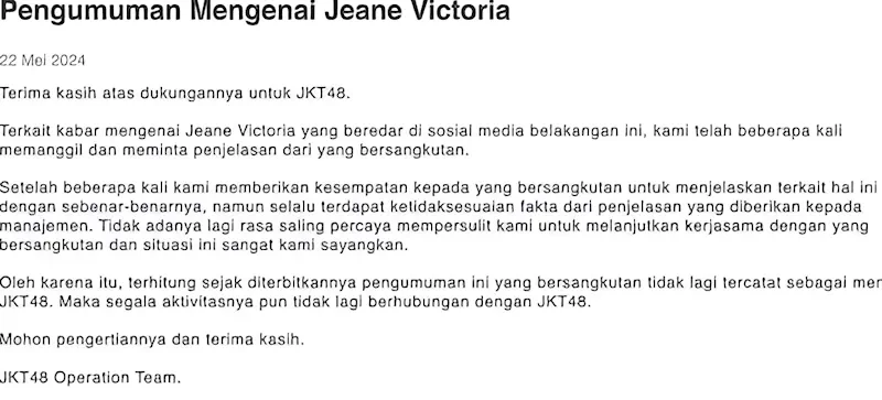 Jeane Victoria Dikeluarkan dari JKT48